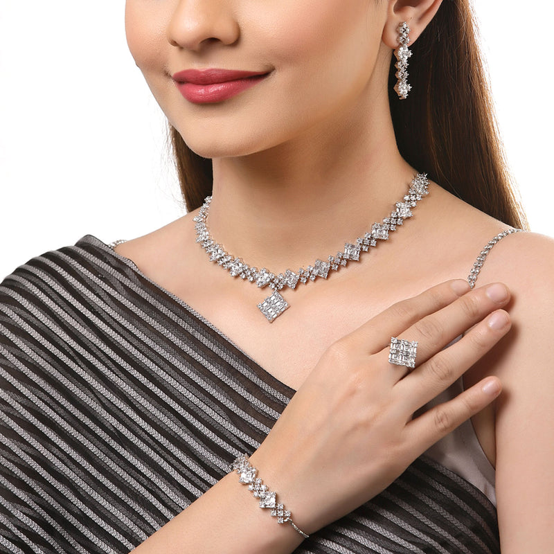 Rhodium-Plated with Silver-Toned White American Diamond Studded Jewellery Set Combo