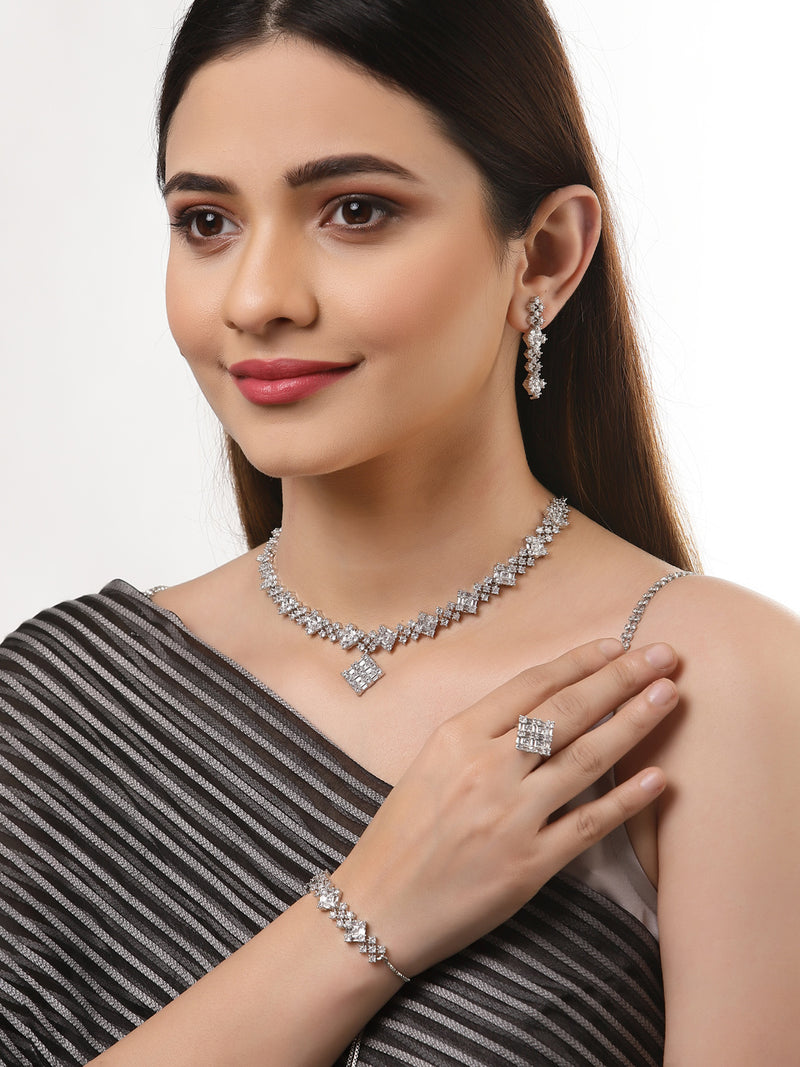 Rhodium-Plated with Silver-Toned White American Diamond Studded Jewellery Set Combo