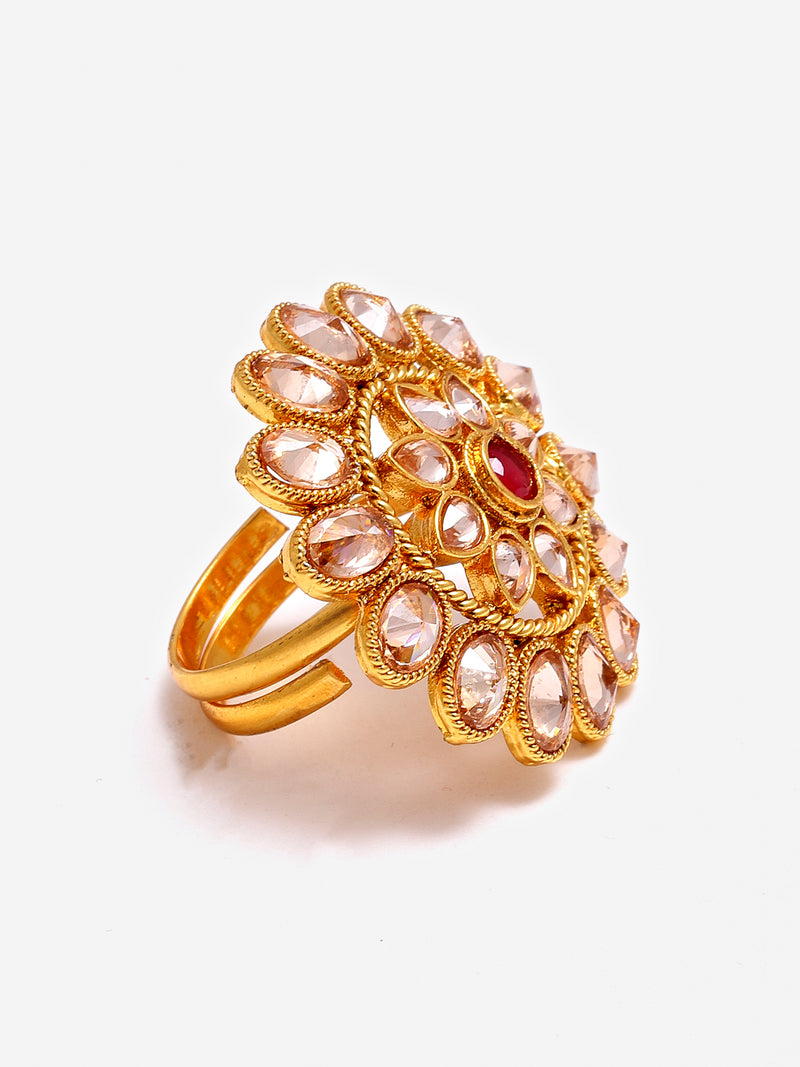 18K Gold-Plated White & Red American Diamond Studded Finger Ring