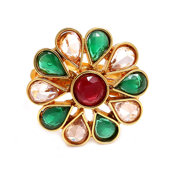 Gold-Plated Teardrop Shaped Floral Green & Pink Cubic Zirconia Studded Ring