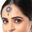 Rhodium Plated Silver Toned Blue & White American Diamond Studded Bridal Maang Tikka