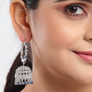 Rhodium Plated Silver Toned with Blue & White American Diamond Jhumka Earrings