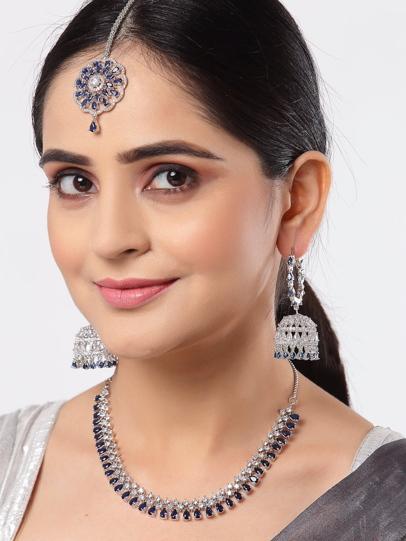 Rhodium-Plated with Silver-Tone Navy Blue & White American Diamond Stone-Studded Jewellery Set Combo