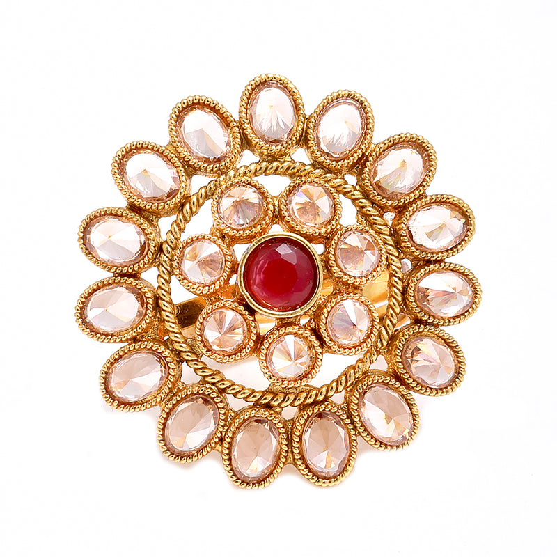 Gold-Plated Red & White Cubic Zirconia Stone Studded Ring