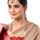 Flower Shaped Gold-Plated Kundan Pearl & Ruby Red-White Beads Studded Necklace Set With Crystal Earring and Maang Tika