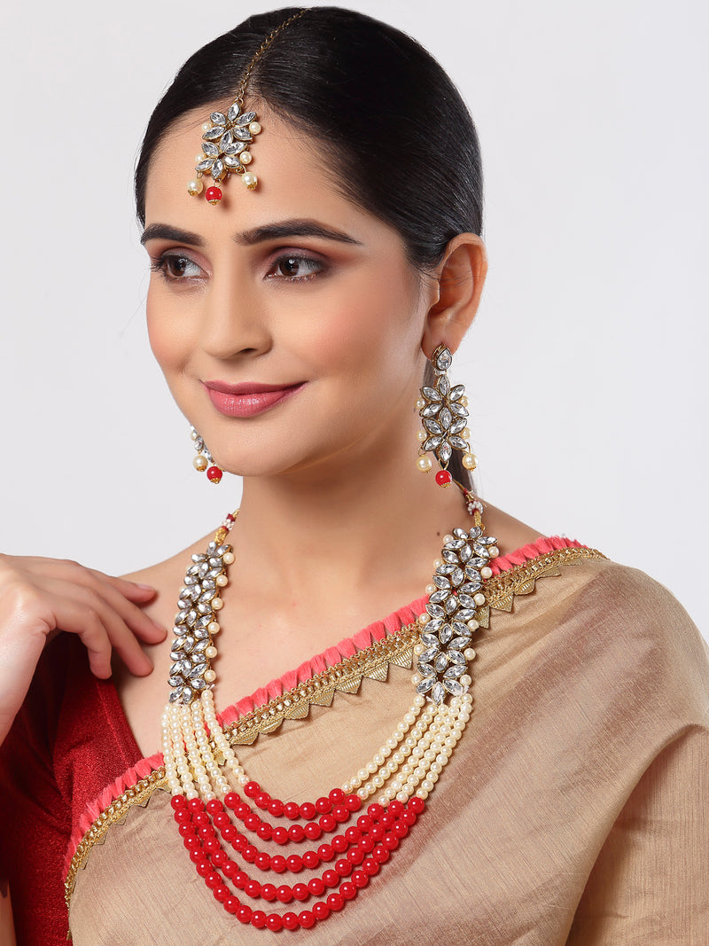 Flower Shaped Gold-Plated Kundan Pearl & Ruby Red-White Beads Studded Necklace Set With Crystal Earring and Maang Tika