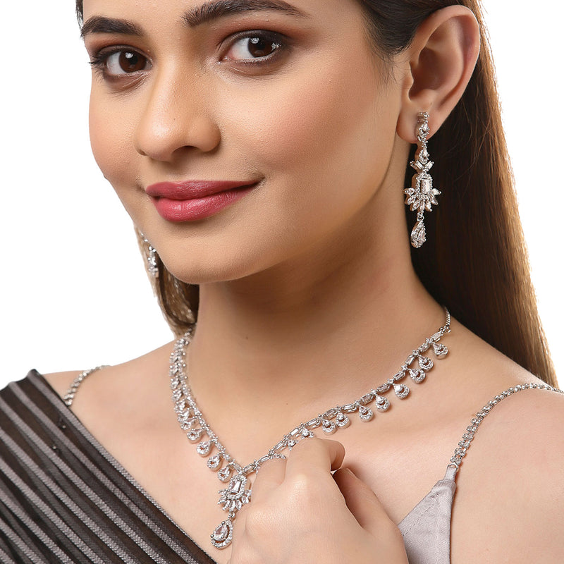 Rhodium-Plated with Silver-Tone & White American Diamond Studded Jewellery Set