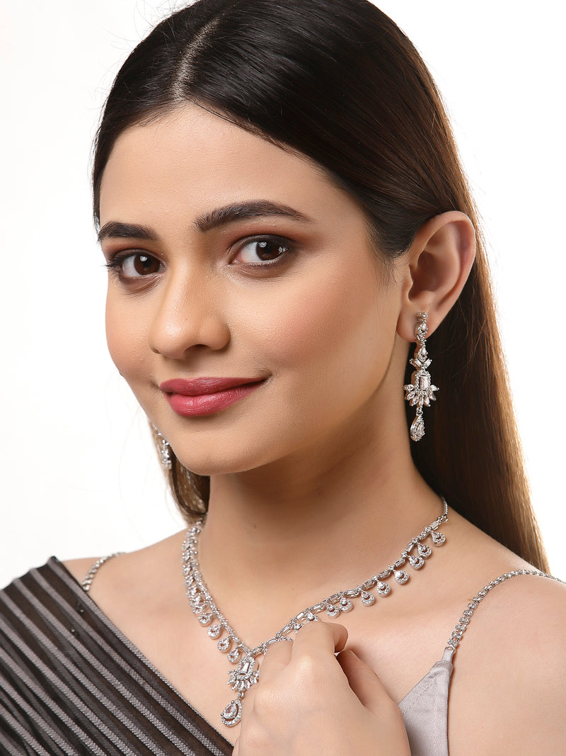 Rhodium-Plated with Silver-Tone & White American Diamond Studded Jewellery Set