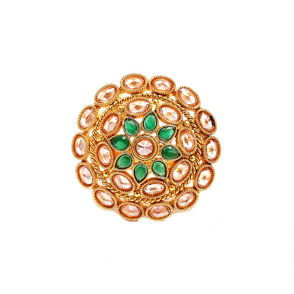 Gold-Plated Round Shaped Floral Green & Pink Cubic Zirconia Studded Ring