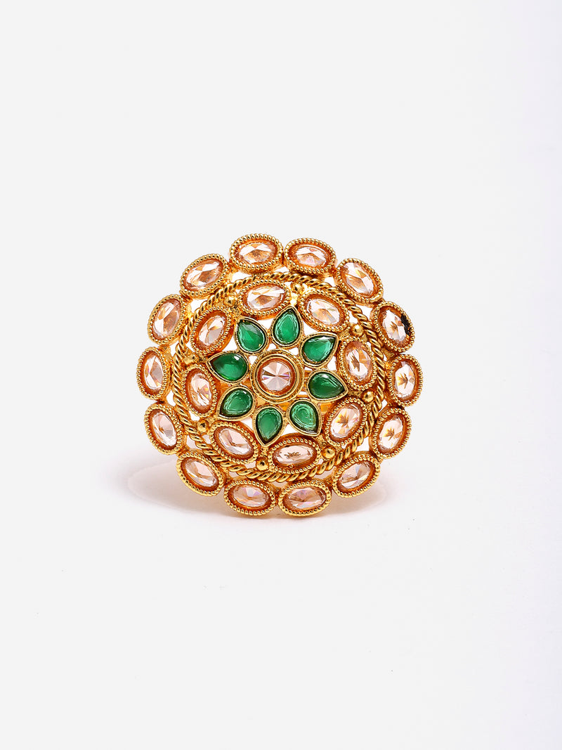 Gold-Plated Green American Diamond Studded Adjustable Floral Ring