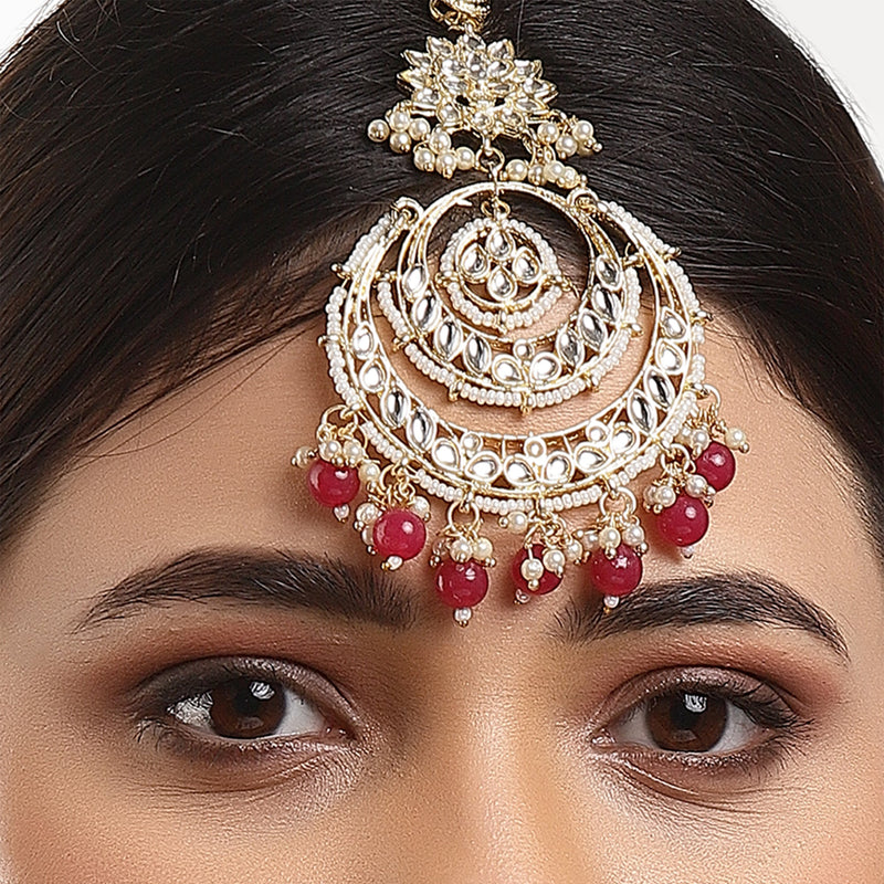 Traditional Gold Plated Kundan & Red Bead Chandbali Maang Tikka