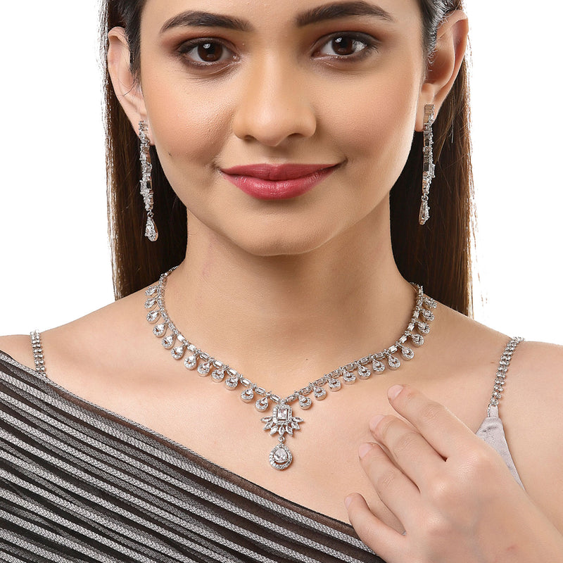 Rhodium-Plated with Silver-Tone & White American Diamond Studded Jewellery Set