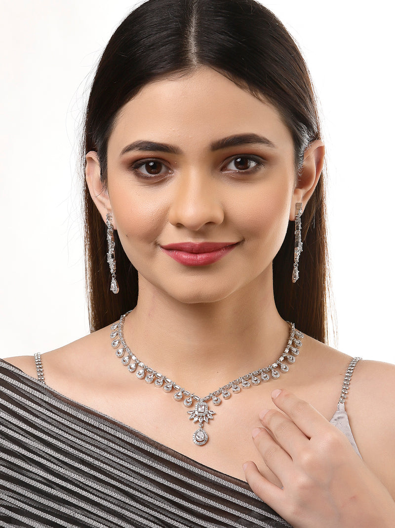 Rhodium-Plated with Silver-Tone & White American Diamond Studded Jewellery Set