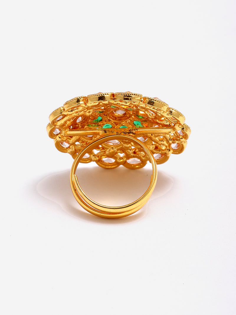 Gold-Plated Green American Diamond Studded Adjustable Floral Ring