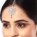 Rhodium Plated Silver Toned Pink & White American Diamond Studded Bridal Maang Tikka