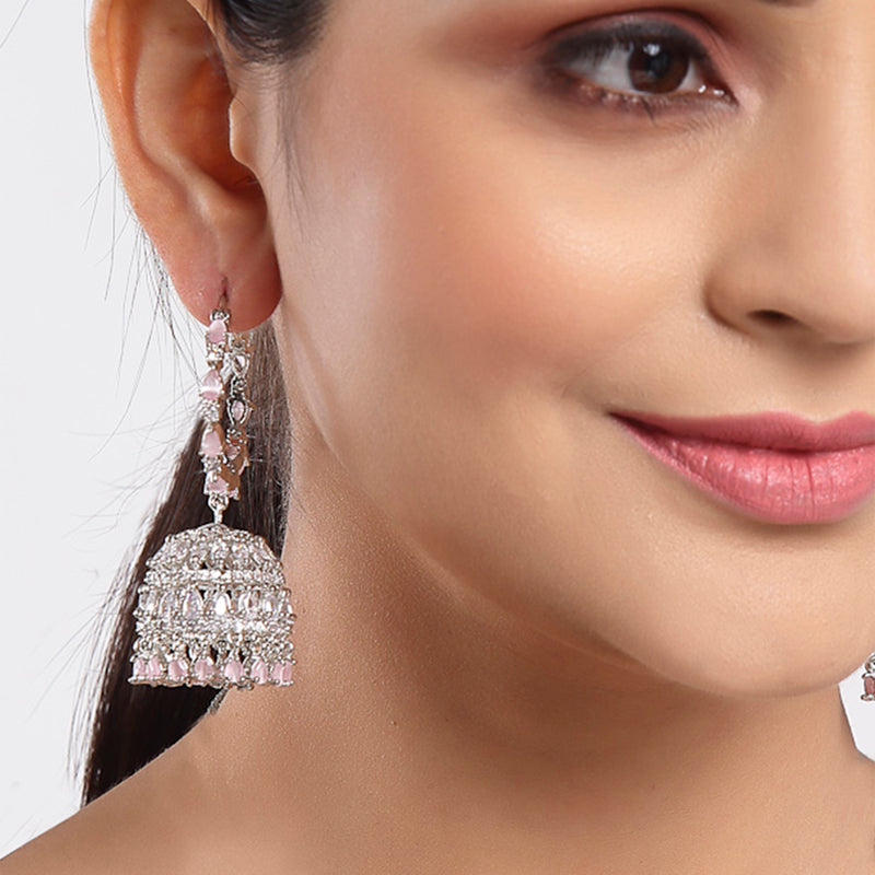 Rhodium Plated Silver Toned with Pink & White American Diamond Jhumka Earrings