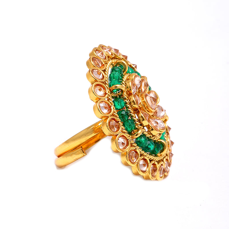 Gold-Plated Green & White Cubic Zirconia Studded Ring