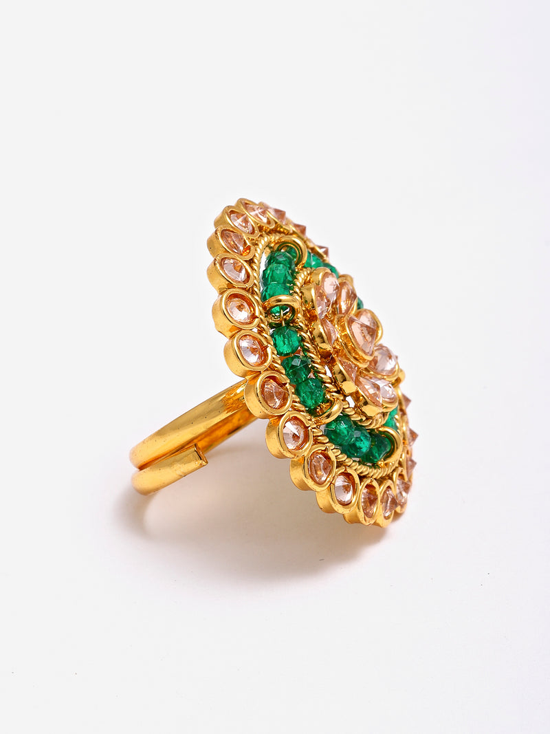 Gold-Plated White & Green American Diamond Studded Finger Ring
