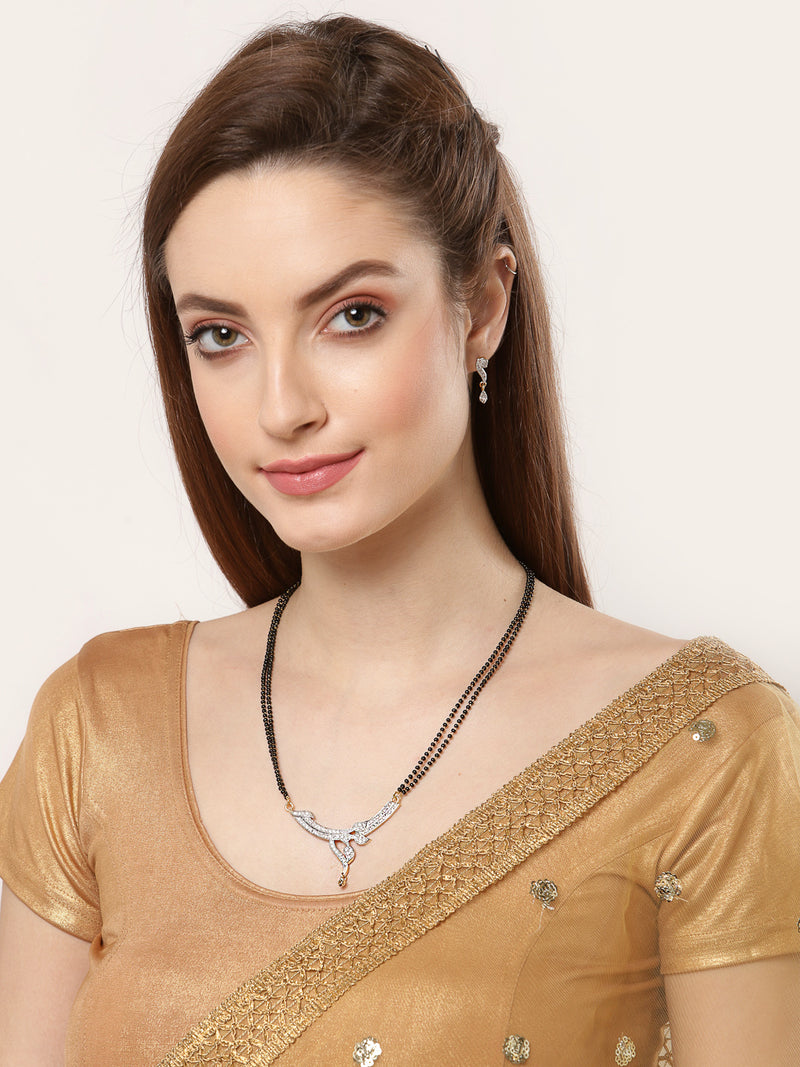 Black Gold-Plated Stone-Studded Leaf Shaped Mangalsutra & Earrings Set