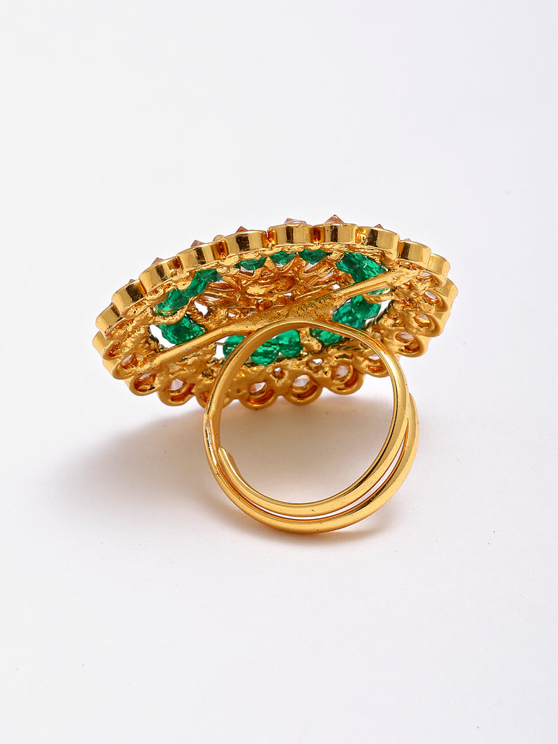 Gold-Plated White & Green American Diamond Studded Finger Ring
