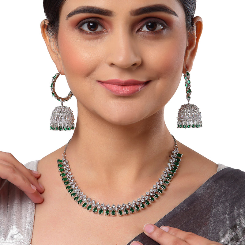Rhodium-Plated with Silver-Tone Green American Diamond Stone-studded Jewellery Set with Mang Tika Combo