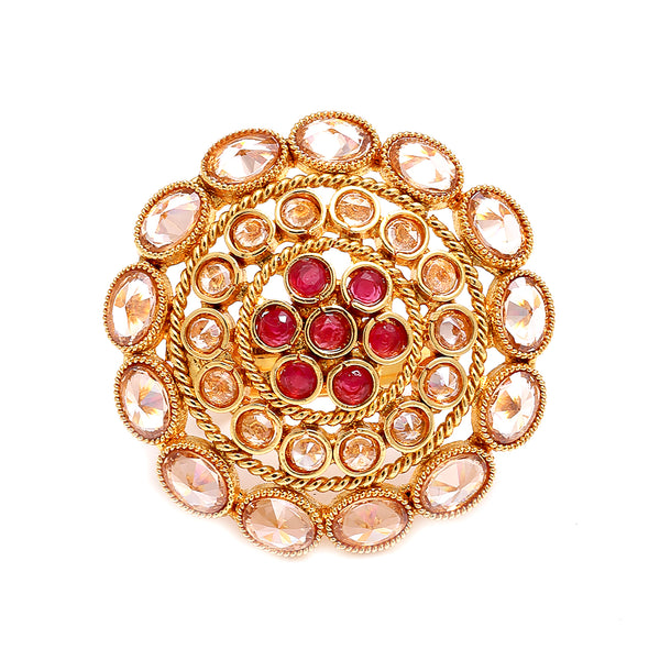 Gold-Plated Round Shaped Red Cubic Zirconia Studded Ring
