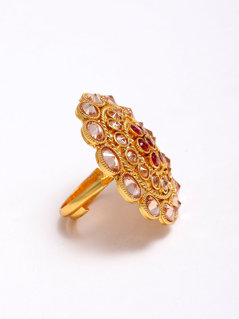 Gold-Plated & Red American Diamond Studded Adjustable Finger Ring