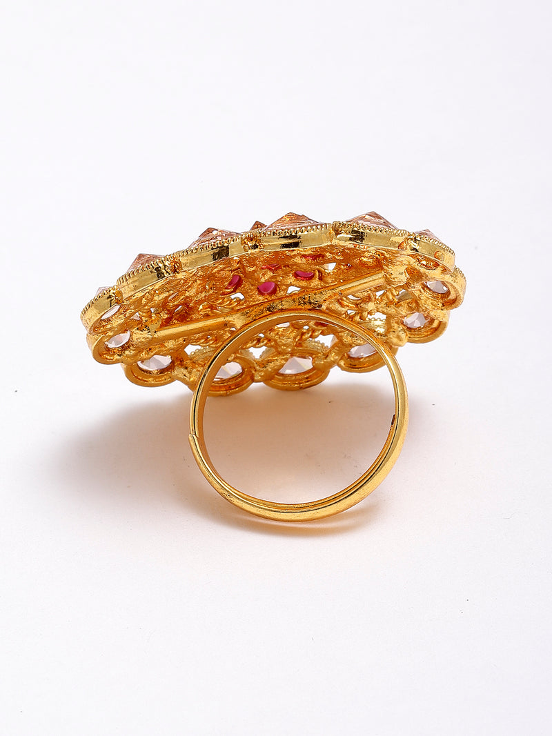 Gold-Plated & Red American Diamond Studded Adjustable Finger Ring