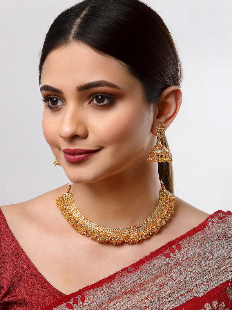 Traditional Gold Plated Temple Design Collar Necklace and Earrings Jewellery Set