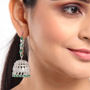 Rhodium Plated Silver Toned with Green & White American Diamond Jhumka Earrings