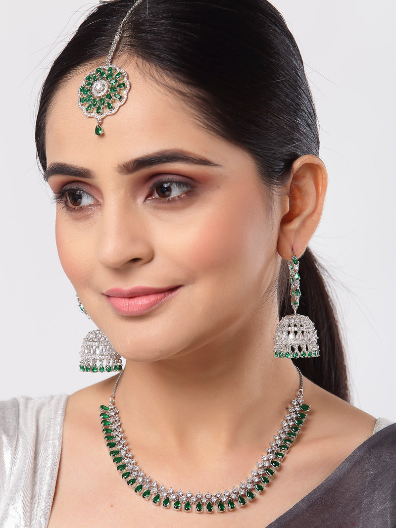 Rhodium-Plated with Silver-Tone Green American Diamond Stone-studded Jewellery Set with Mang Tika Combo