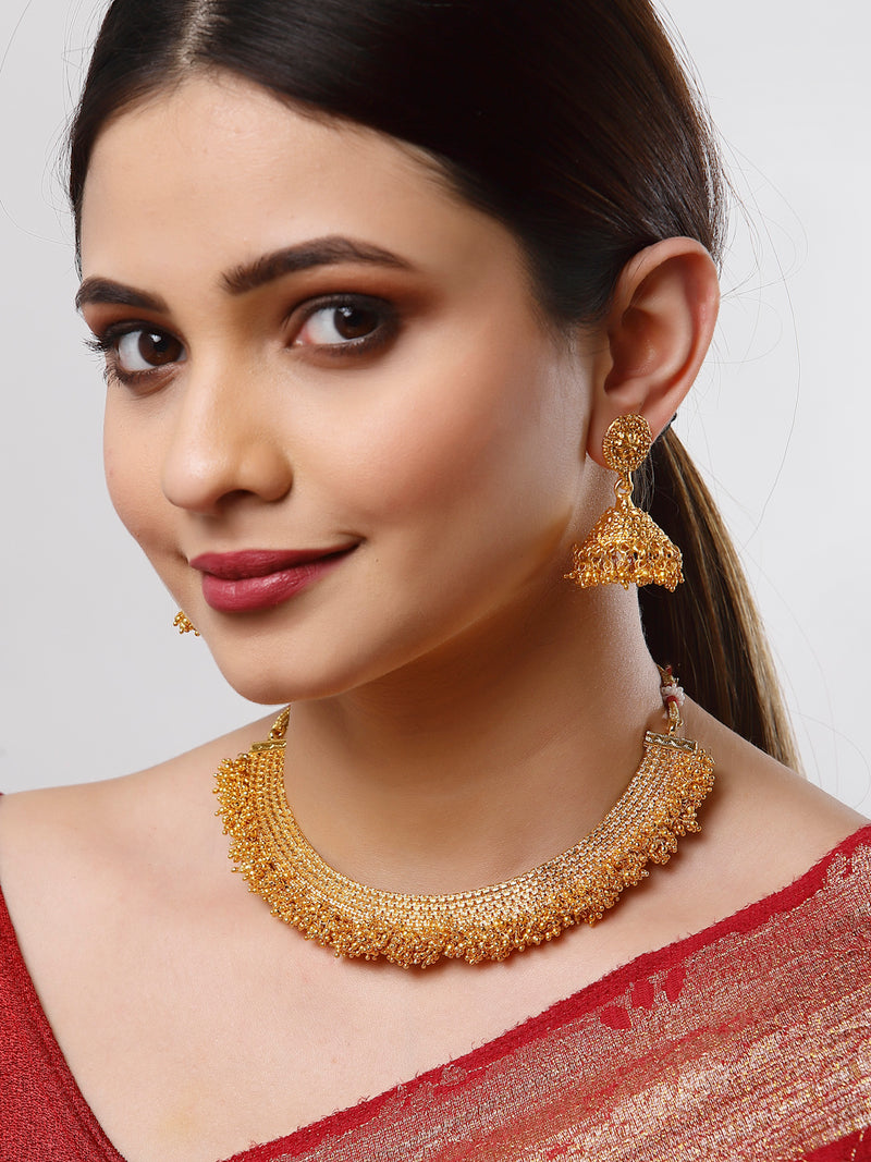 Traditional Gold Plated Temple Design Collar Necklace and Earrings Jewellery Set