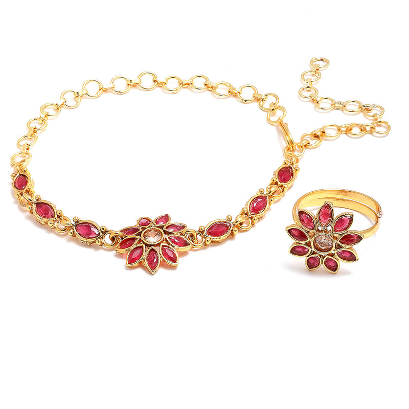 Gold-Plated Red Stone Studded Brass Wraparound Bracelet With Ring