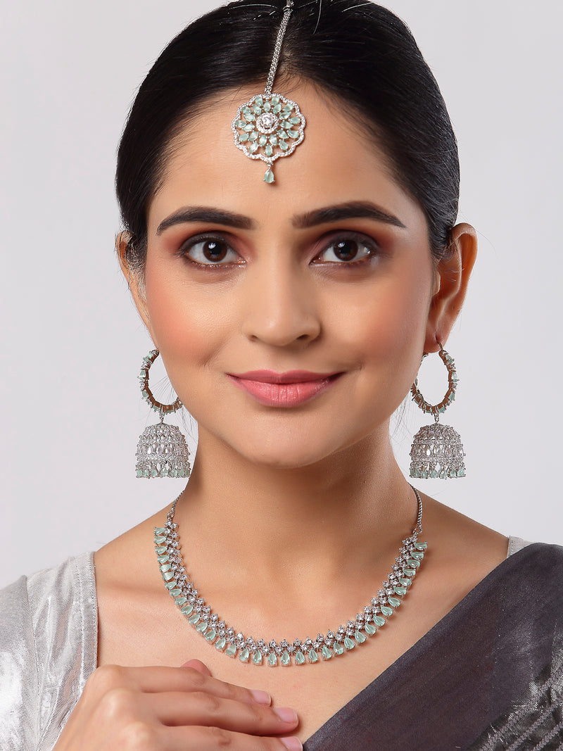 Rhodium-Plated with Silver-Tone Sea Green American Diamond Stone-studded Jewellery Set with Mang Tika Combo