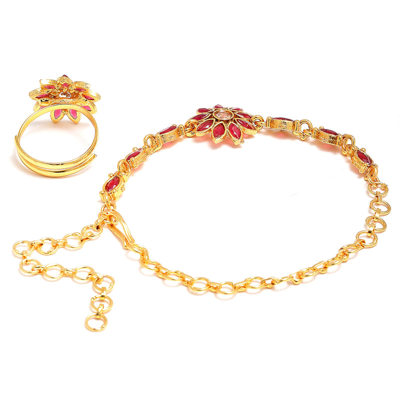 Gold-Plated Red Stone Studded Brass Wraparound Bracelet With Ring