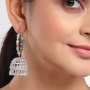 Rhodium Plated Silver Toned with Ocean Blue & White American Diamond Jhumka Earrings