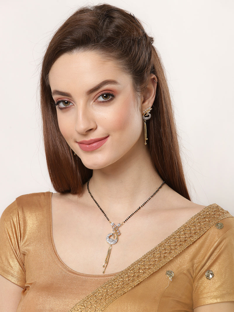 Peacock Design Gold-Plated White & Black Stone Studded & Beaded Mangalsutra Set