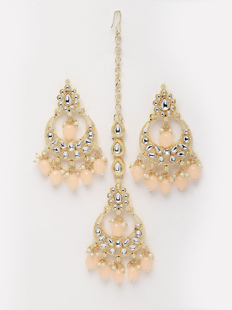 Meenakari Gold-Plated White & Peach-Coloured Kundan-Studded & Pearl Beaded Jewellery Set