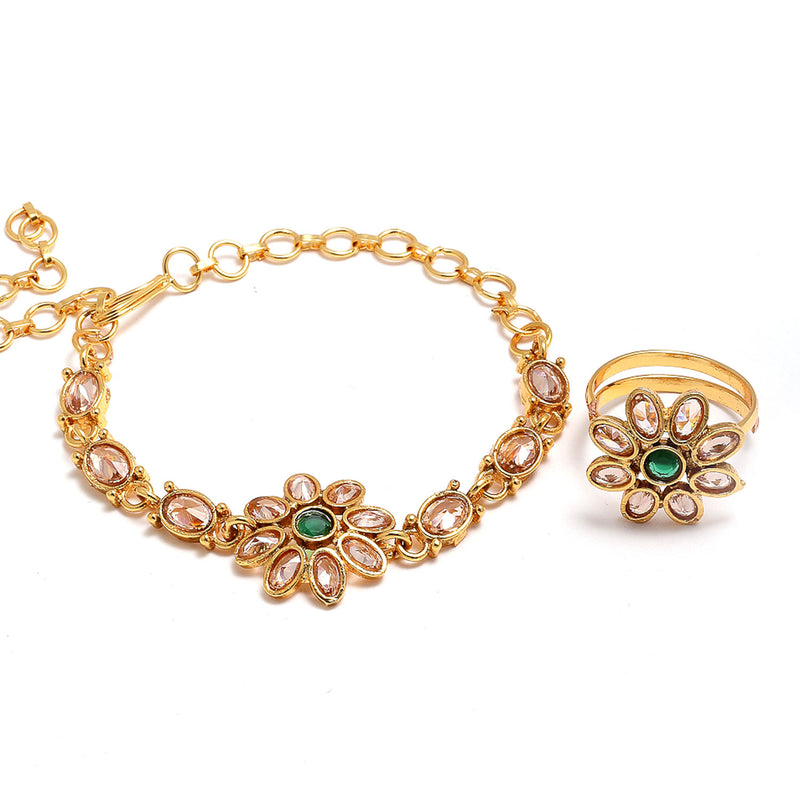 Gold-Plated Green Stone Studded Brass Wraparound Bracelet With Ring