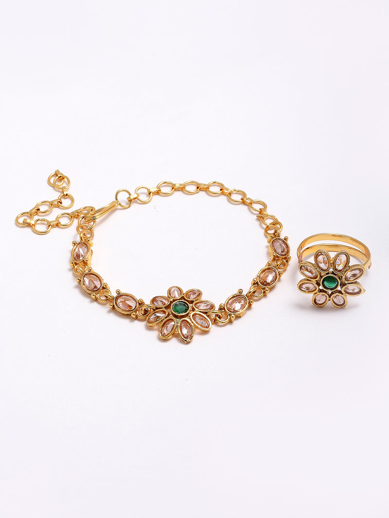 Gold-Plated Green Stone Studded Brass Wraparound Bracelet With Ring