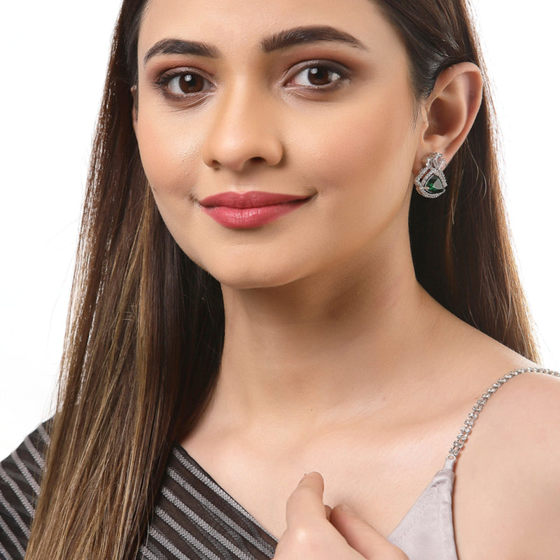 Green American Diamond Triangular Shaped Rhodium-Plated with Silver-Tone Studs Earrings