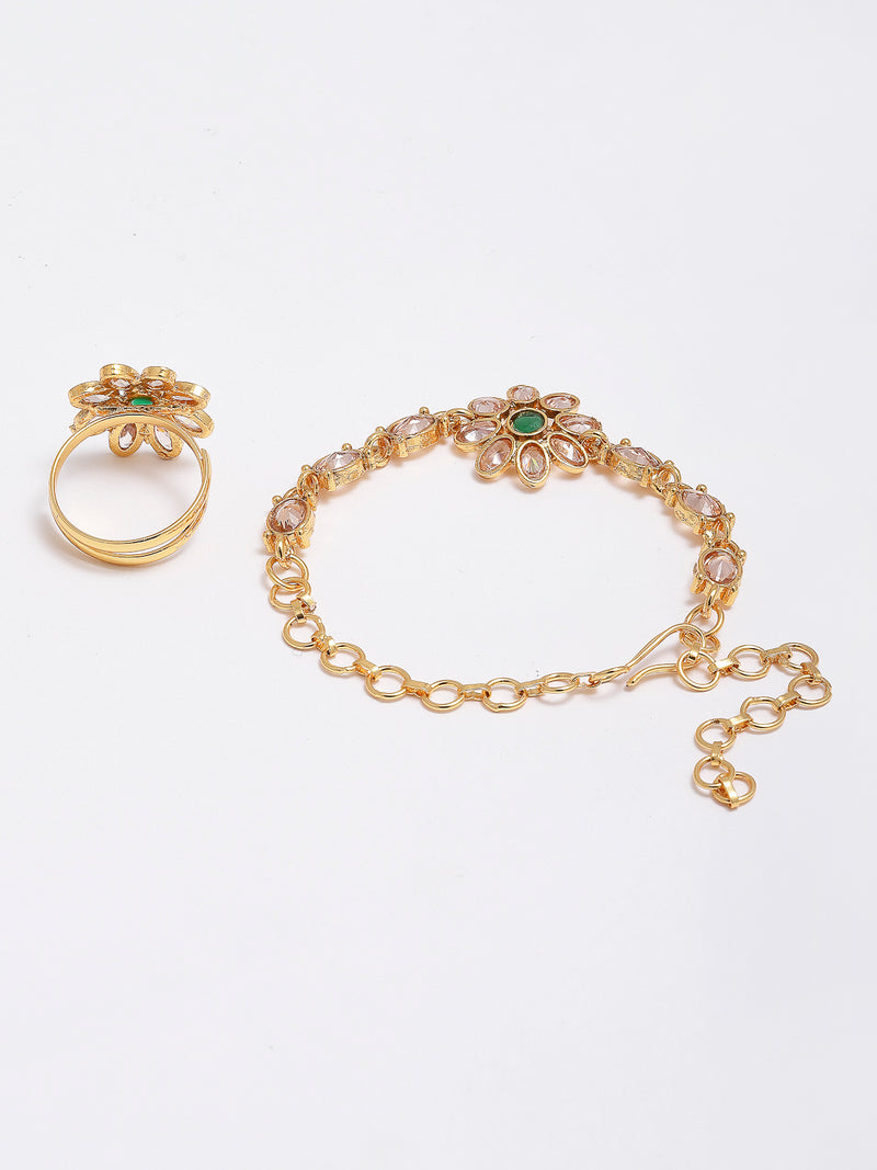 Gold-Plated Green Stone Studded Brass Wraparound Bracelet With Ring