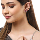 Rhodium-Plated with Silver-Toned Red American Diamond Floral Studs Earrings
