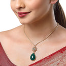 Gold-Plated Green & Off-White CZ-Studded Pendant With Chain