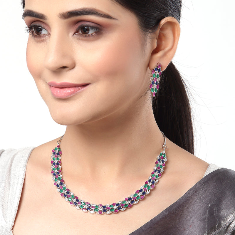 Rhodium-Plated with Silver-Tone Pink Blue White & Green American Diamond Studded Jewellery Set