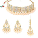 Meenakari Gold-Plated White & Peach-Coloured Kundan-Studded & Pearl Beaded Jewellery Set