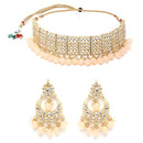 Meenakari Gold-Plated White & Peach-Coloured Kundan-Studded & Pearl Beaded Jewellery Set