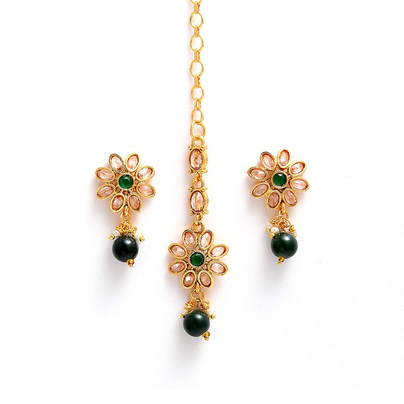Gold-Plated Floral Green  Pearl & Kundan Studded Maang Tikka With Earring Set