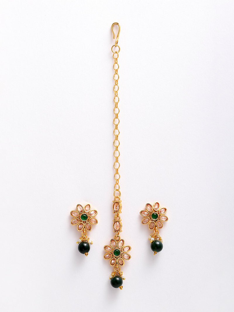 Gold-Plated Green Kundan Stone Studded Maang Tikka With Earring