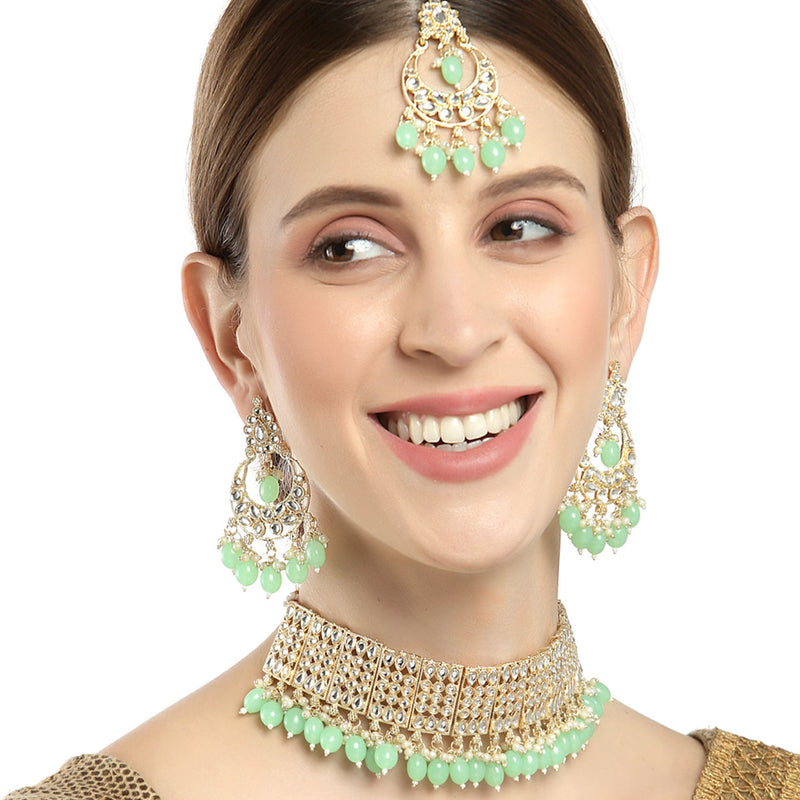 Meenakari Choker Gold-Plated Sea Green & White Kundan-Studded & Beaded Jewellery Set